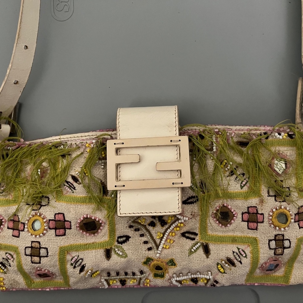 Fendi hand beaded and embroidered multi-colorbaguette w/cross body leather strap